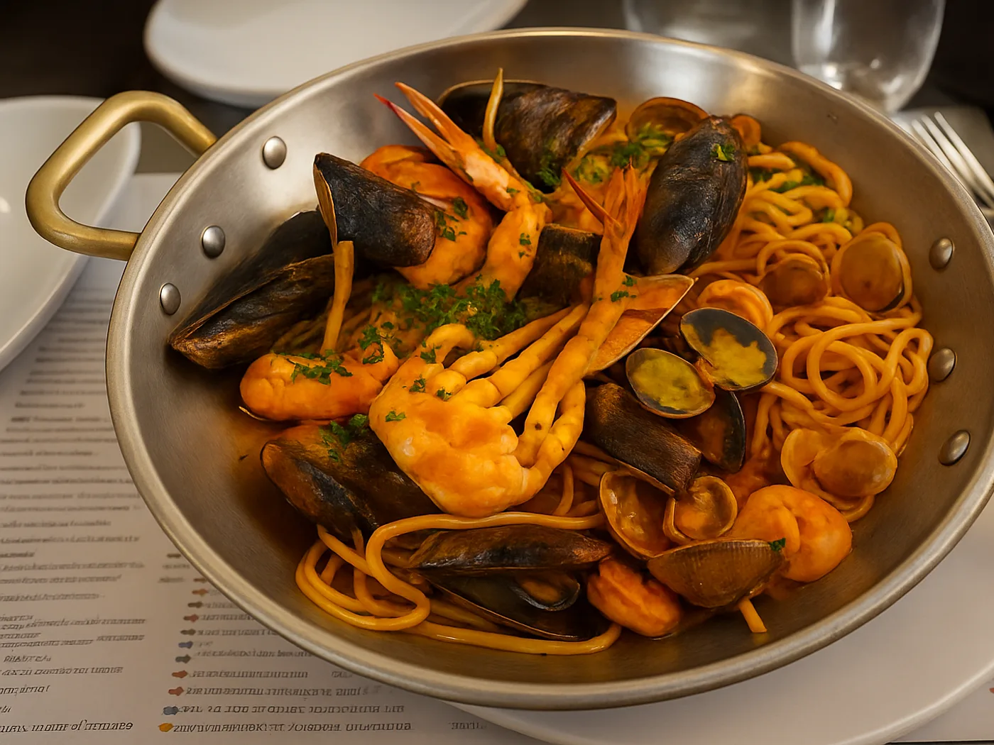 Spaghetti allo scoglio con cozze, vongole e gamberi in padella